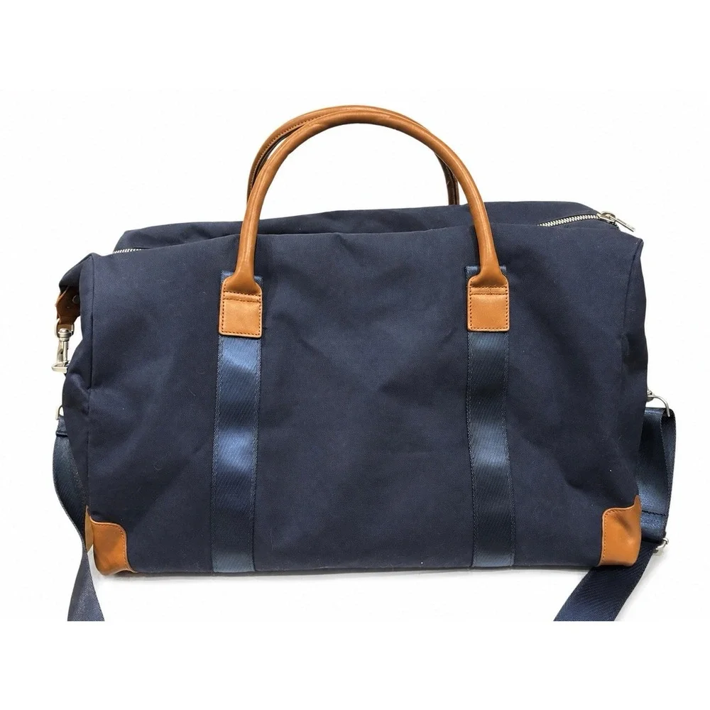 Brooks Brothers Navy Canvas Leather Trim Weekender Duffel Travel Bag Plaid